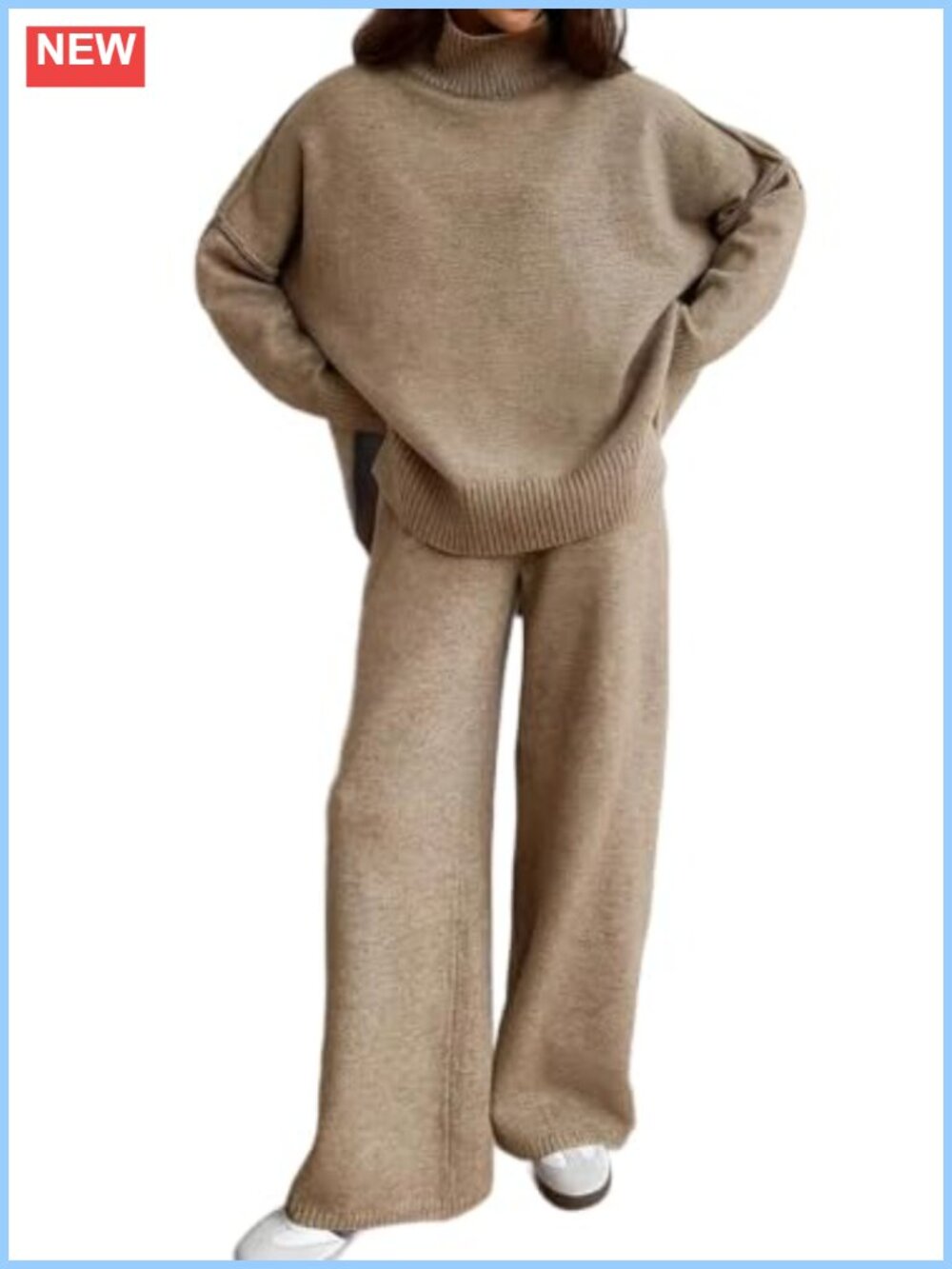 Women's 2 Piece Knit Sweater and Wide Leg Pants Lounge Set Mock Neck